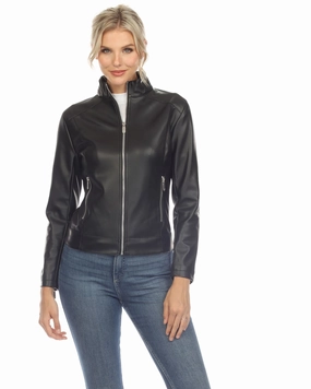 WaterResistant Shell Mask Women's Classic Biker Faux Leather Jacket | Black