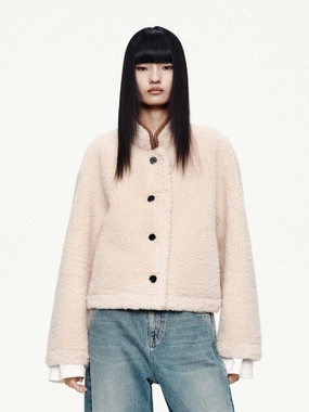 Faux Shearling Button Coat Army Style Two Tone Design