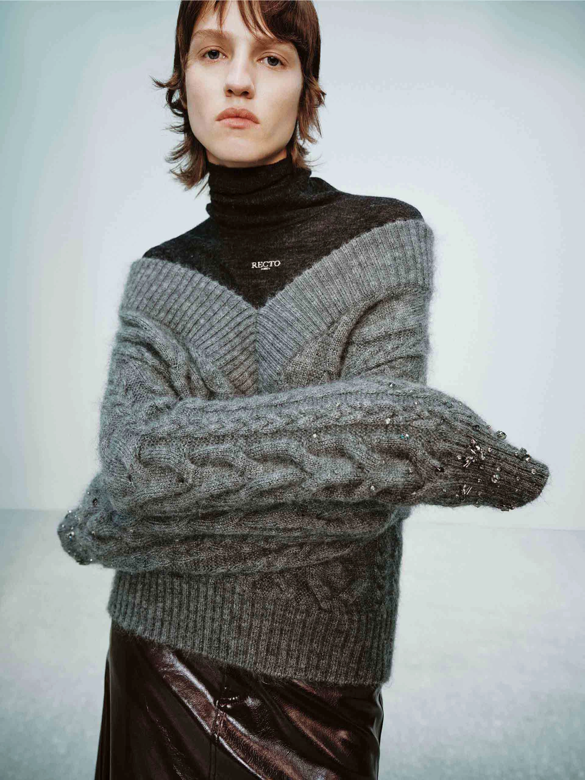 Modern Knit V-neck Cable Knit Sweater