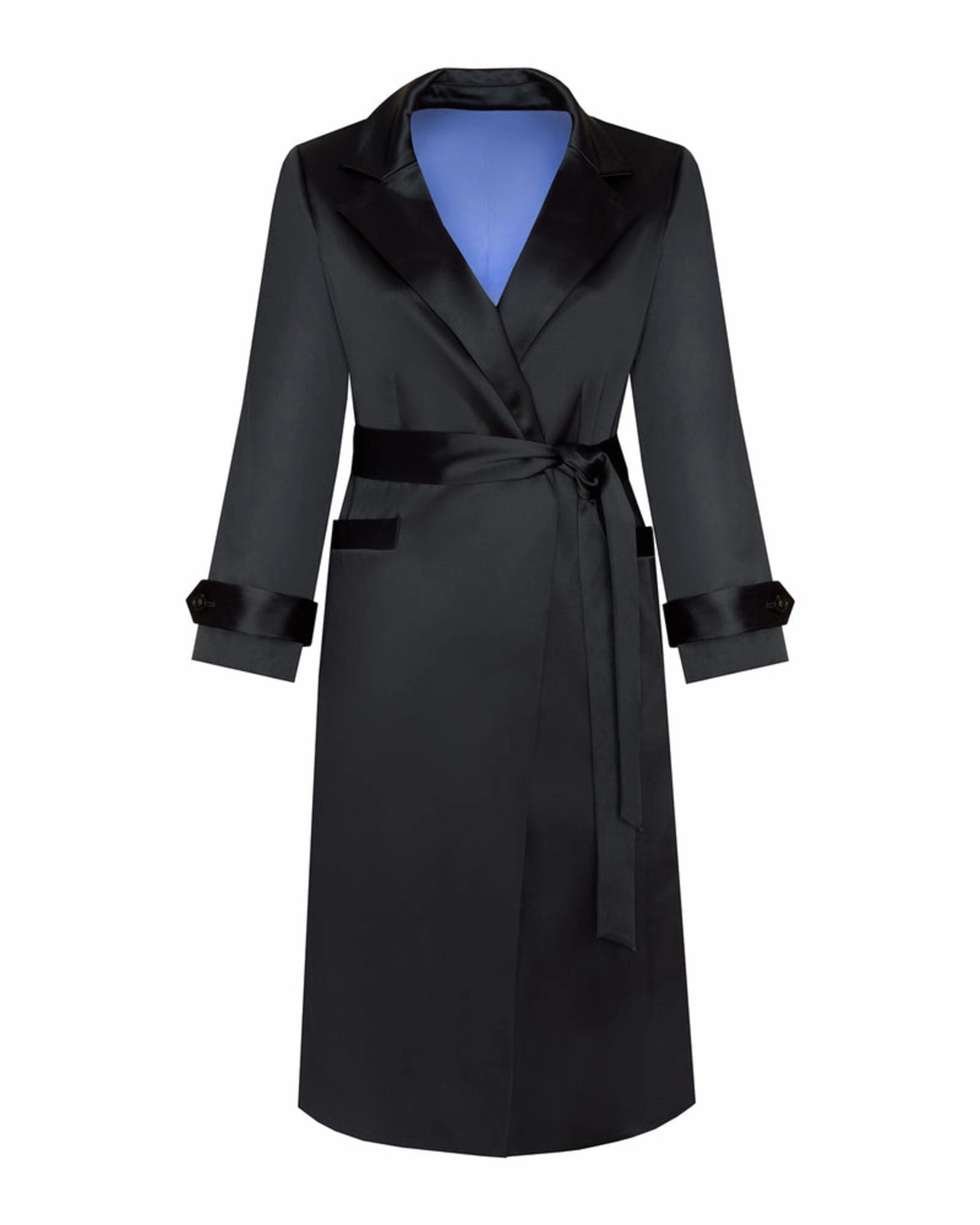 home - party Thermal Comfort Caterina Stretch Satin Coat | Midnight Black - Sky blue lining