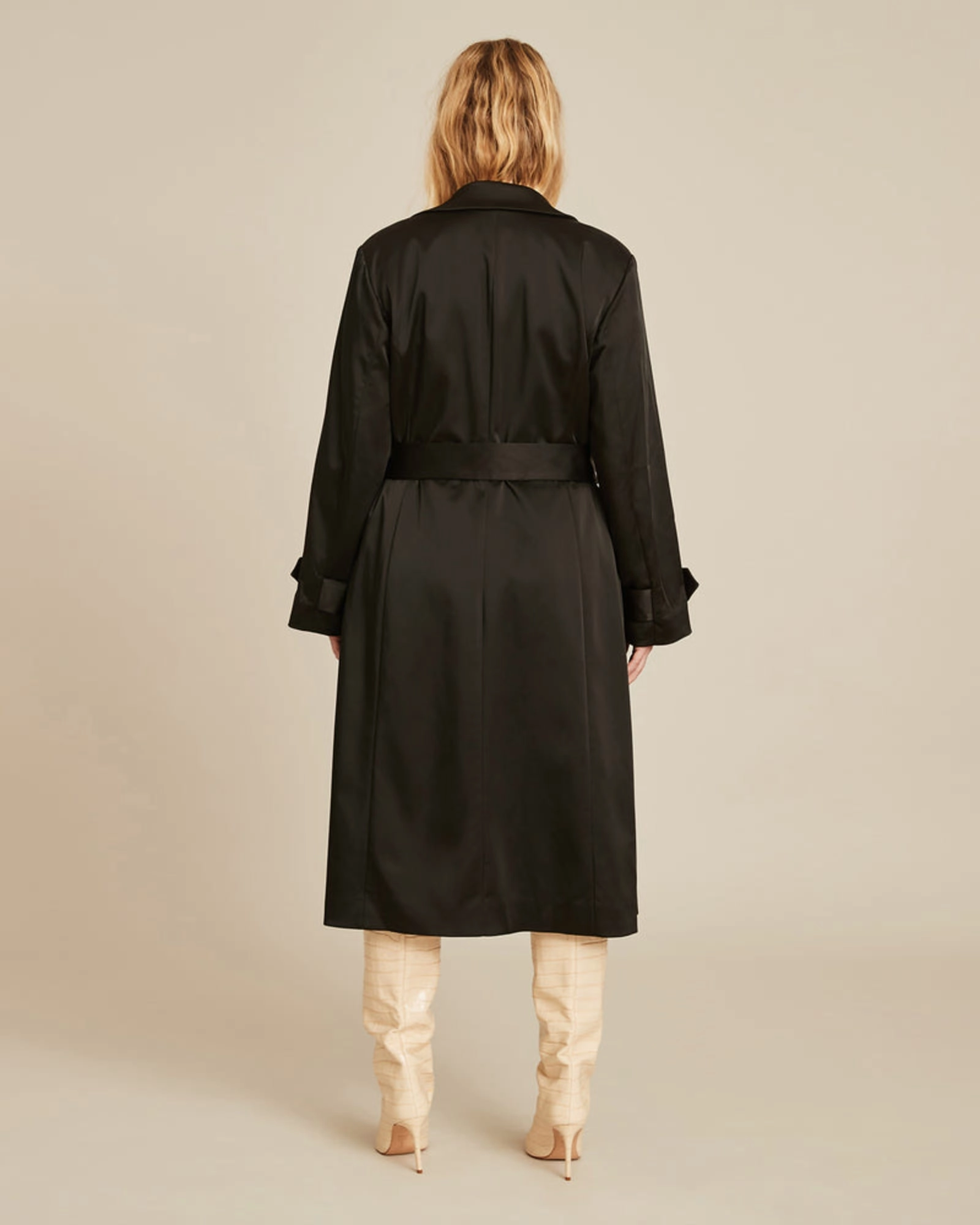 Caterina Stretch Satin Coat | Midnight Black - Sky blue lining Wrinkle Resistant Material Anti Slip Shoulder Pads