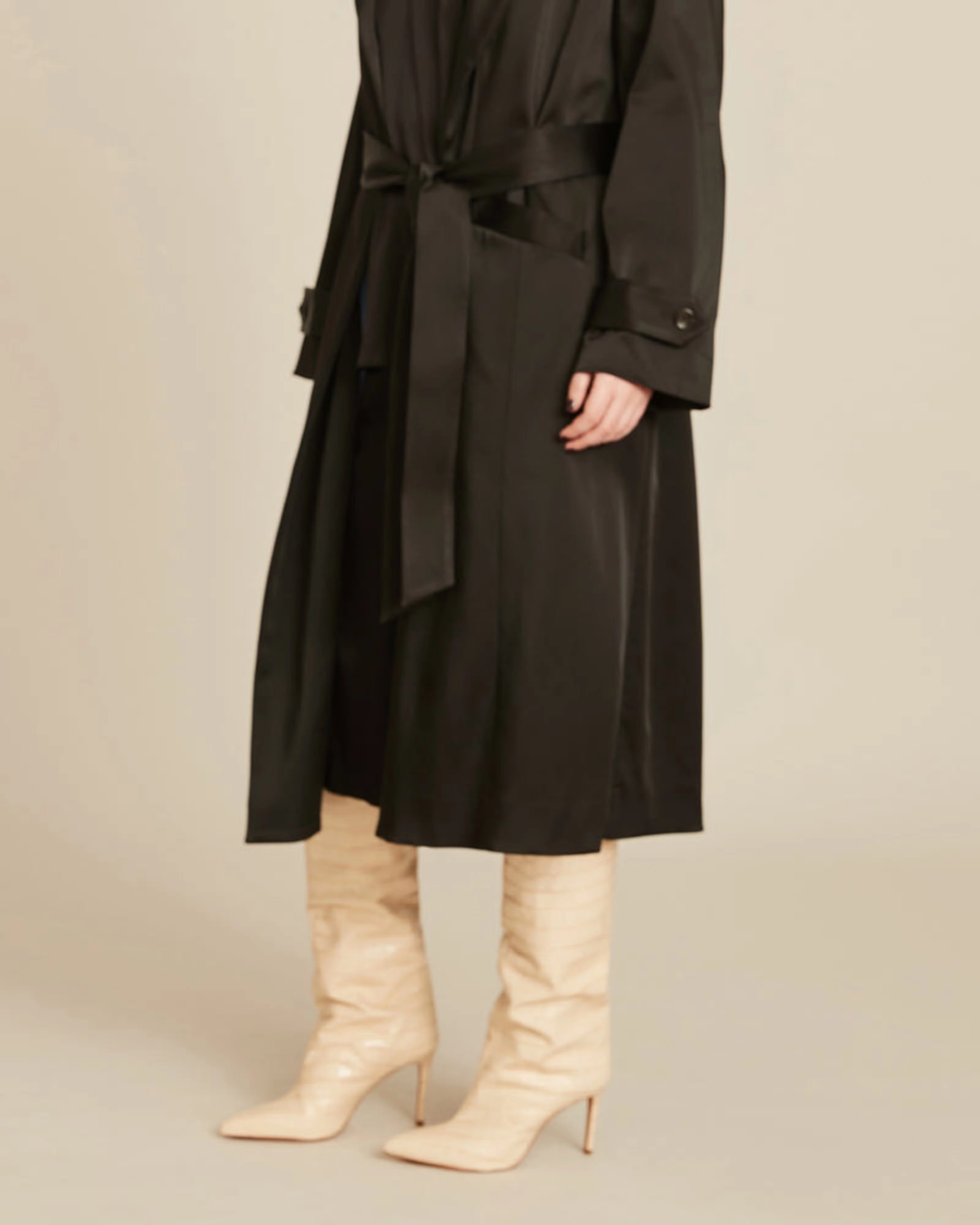 Caterina Stretch Satin Coat | Midnight Black - Sky blue lining Cold Weather Wear