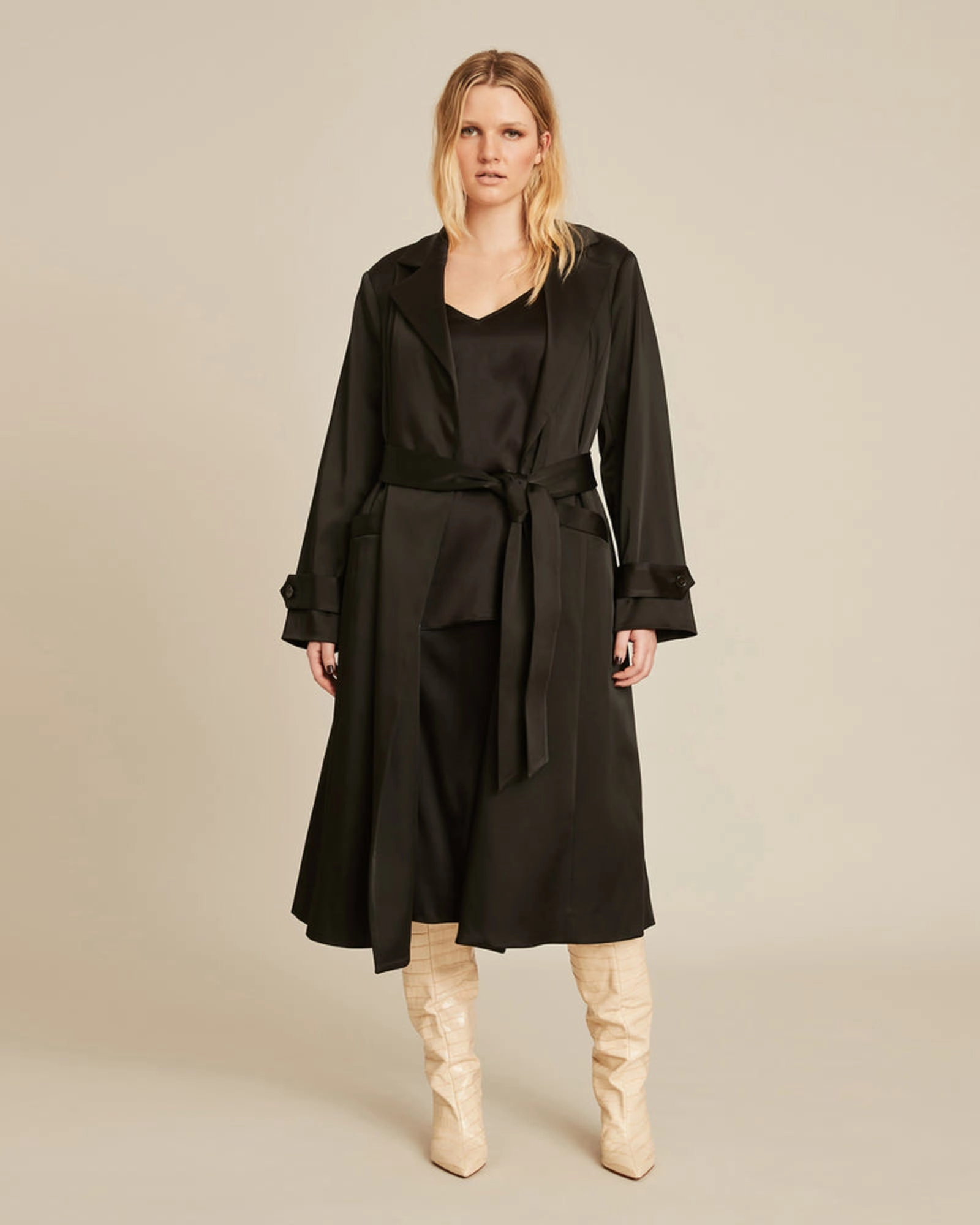 Wrap Sense Caterina Stretch Satin Coat | Midnight Black - Sky blue lining