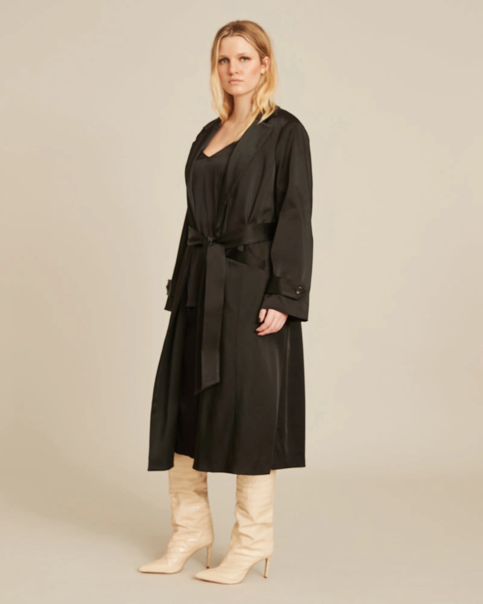 Caterina Stretch Satin Coat | Midnight Black - Sky blue lining Fantasize Tech Utility