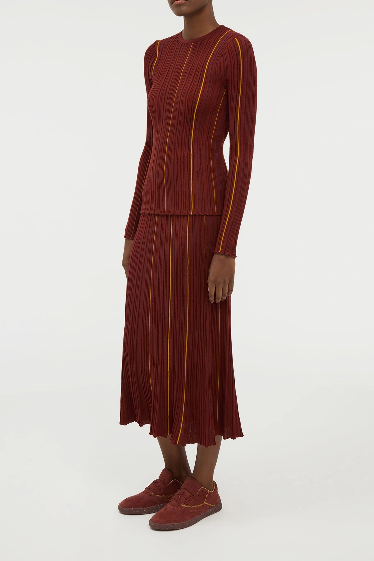 Celeano Pinstripe Knit Midi Skirt Burnt Sienna Merino Wool Hemp Blend Texture Play