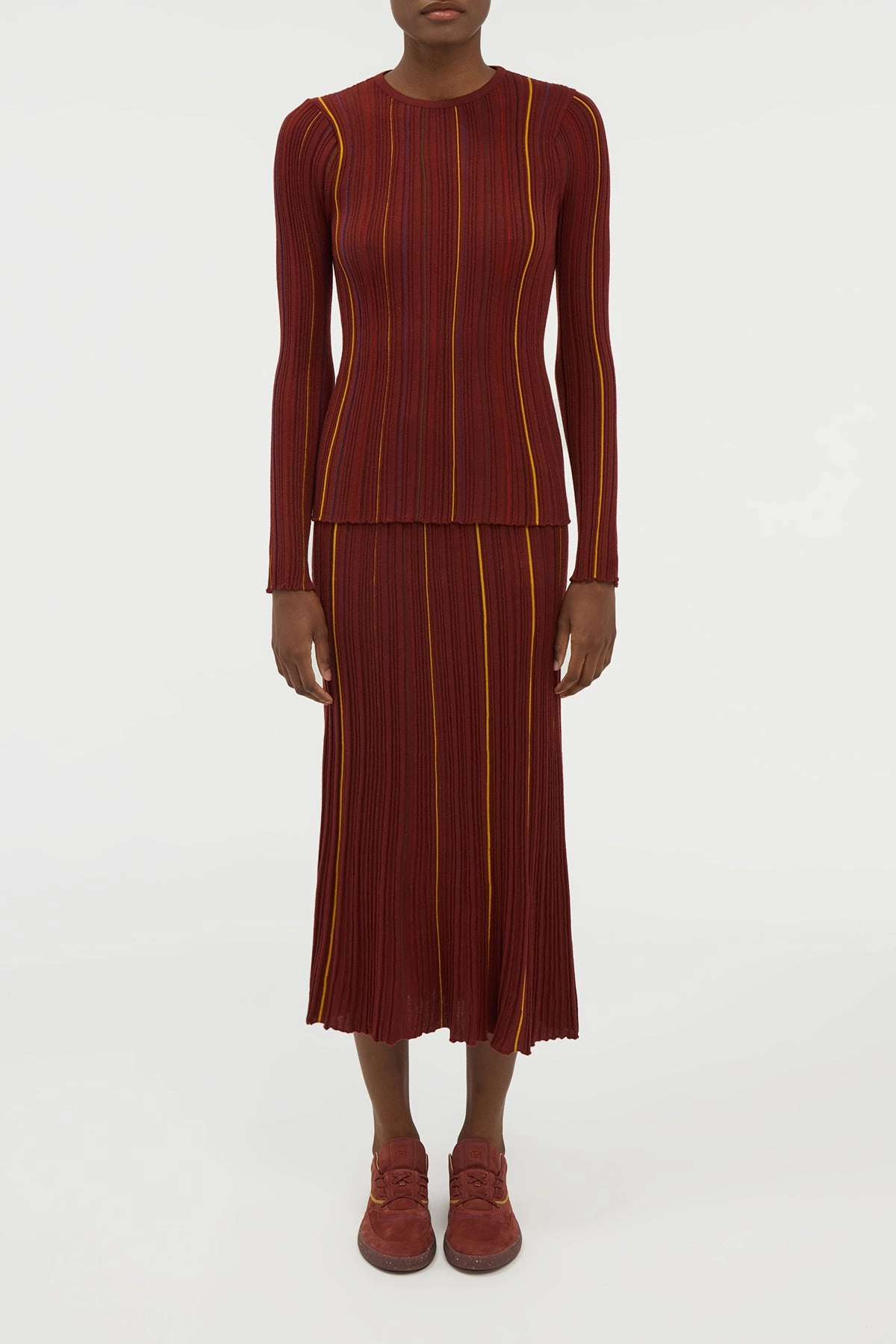 Playful Vibe Celeano Pinstripe Knit Midi Skirt Burnt Sienna Merino Wool