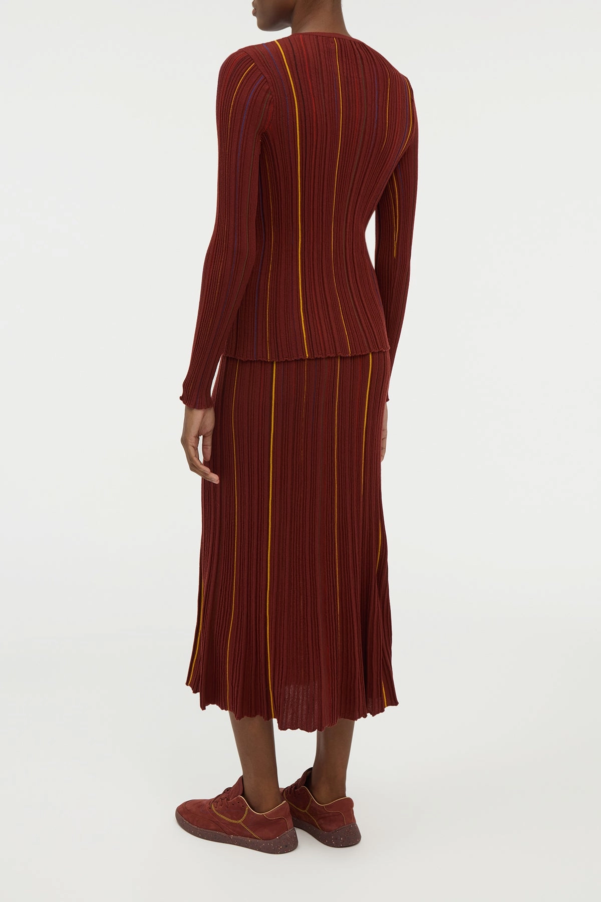 Celeano Pinstripe Knit Midi Skirt Burnt Sienna Merino Wool Pleated Construction