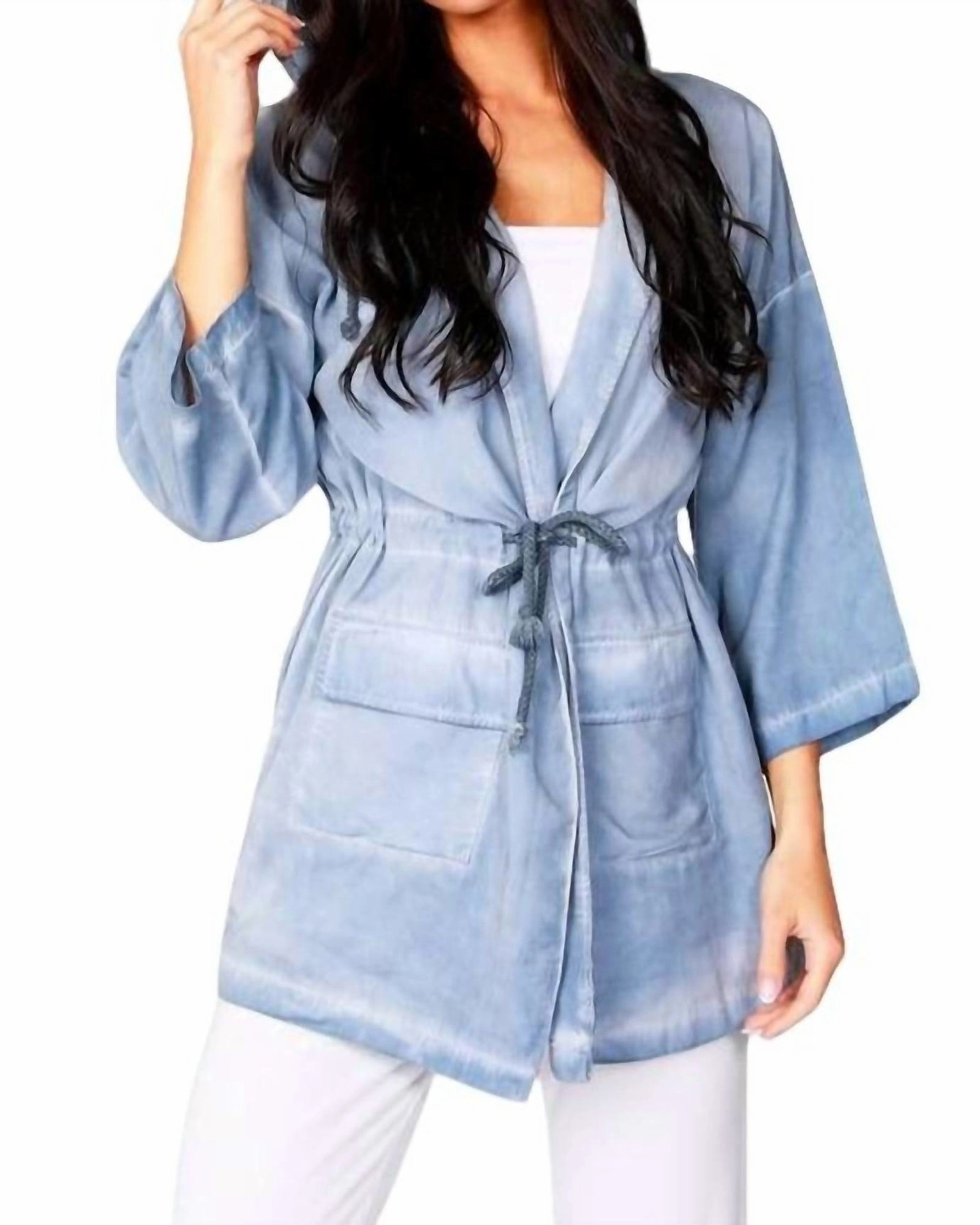 Durable Layer rainy Jennifer Hooded Long Trench Coat in Denim | Denim