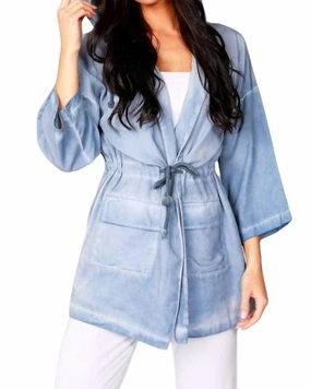 Durable Layer rainy Jennifer Hooded Long Trench Coat in Denim | Denim