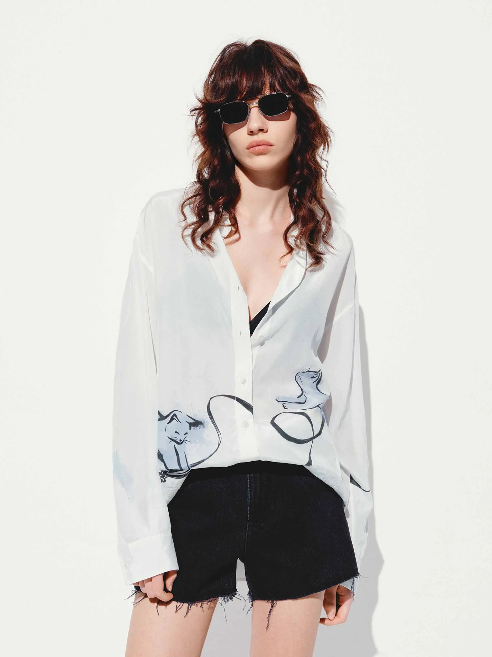 Cat Print Long Sleeves Shirt Layering Essential