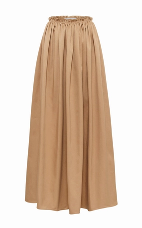 Chiara Pleated Midi Skirt in Camel Sea Island Cotton Twill Tea length Comfort Fit