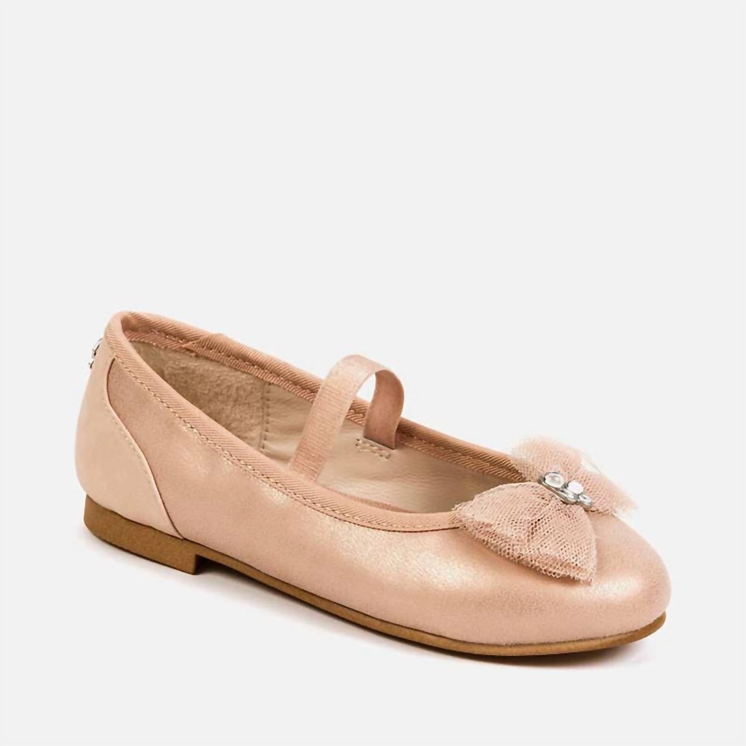 Hand Finish Suede Feel Kid's Tulle Ballerina Flat In Nude Metallic