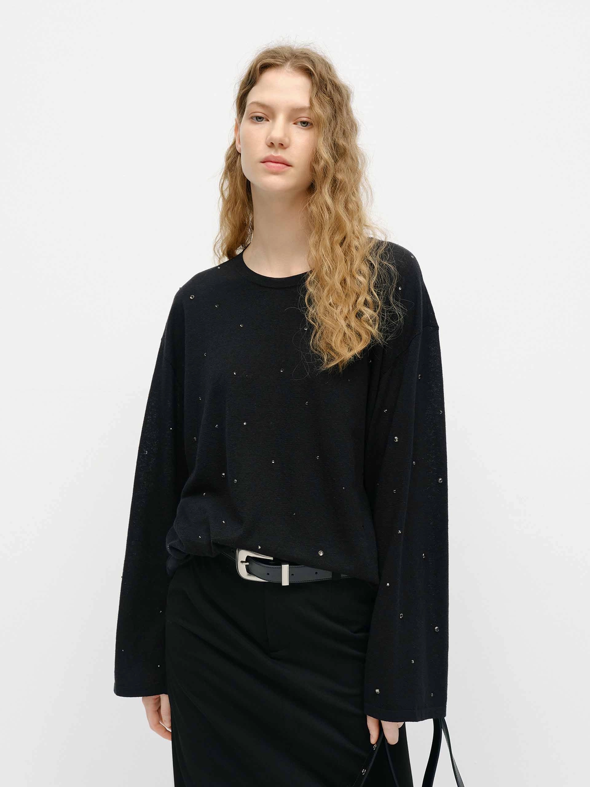 Crystal Detail Knitted Sweater Cozy Wear Fit Breathable Waistband