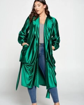 Lyla Satin Belted Coat | Satin Emerald Green Applaud Dance