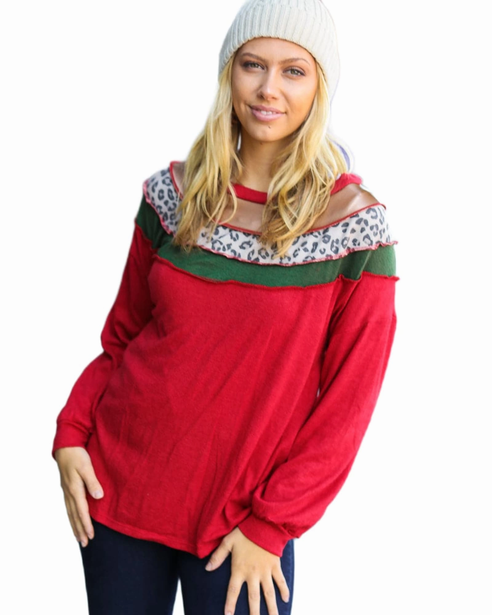 Christmas Red Terry Hacci Color Block Pullover | red Discuss Flexible Quilted Panels