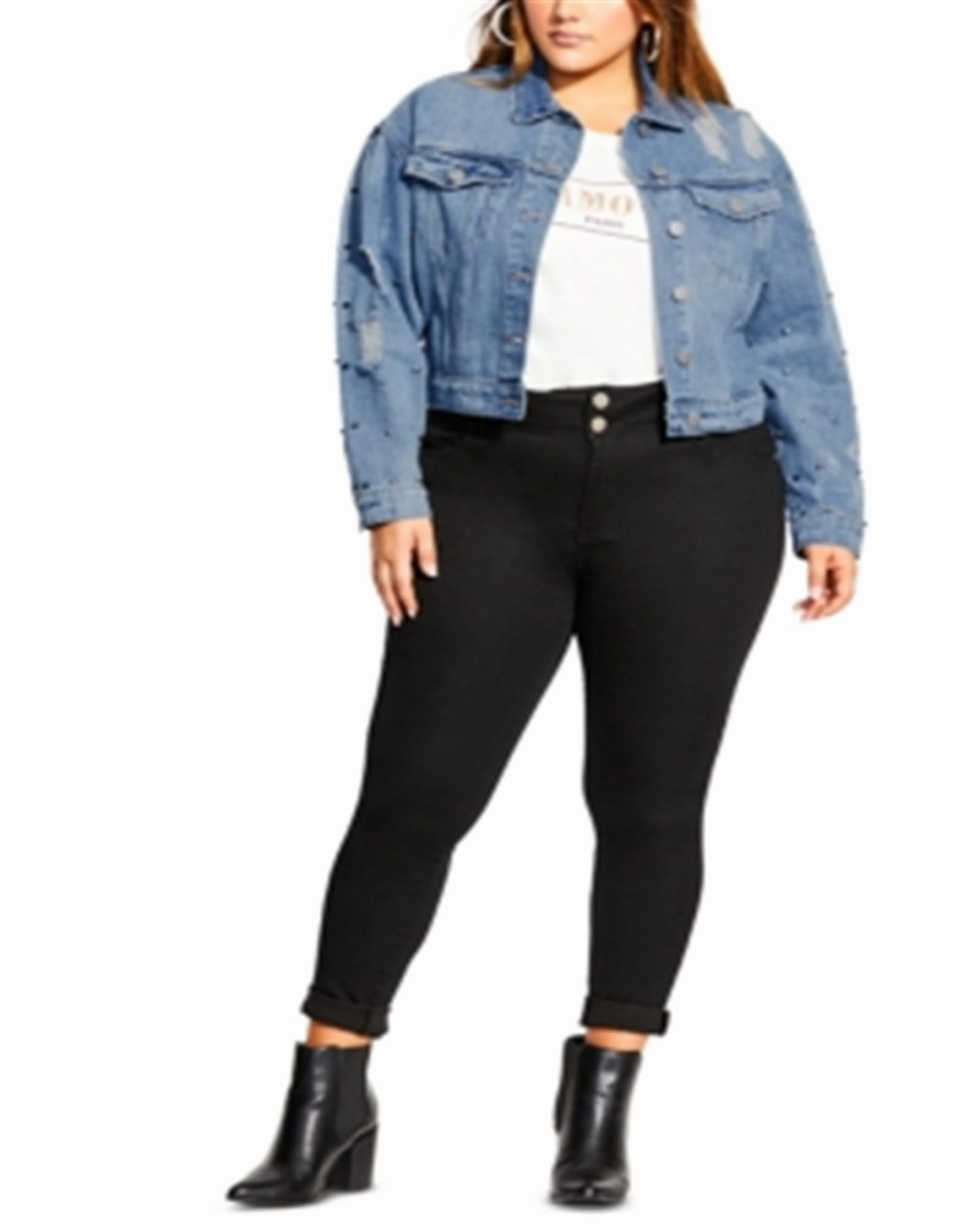 City Chic Women's Trendy Plus Size Cotton Studded Cropped Denim Jacket - Light Denim Blue Size 24W | Blue Last Heat Regulating Technology