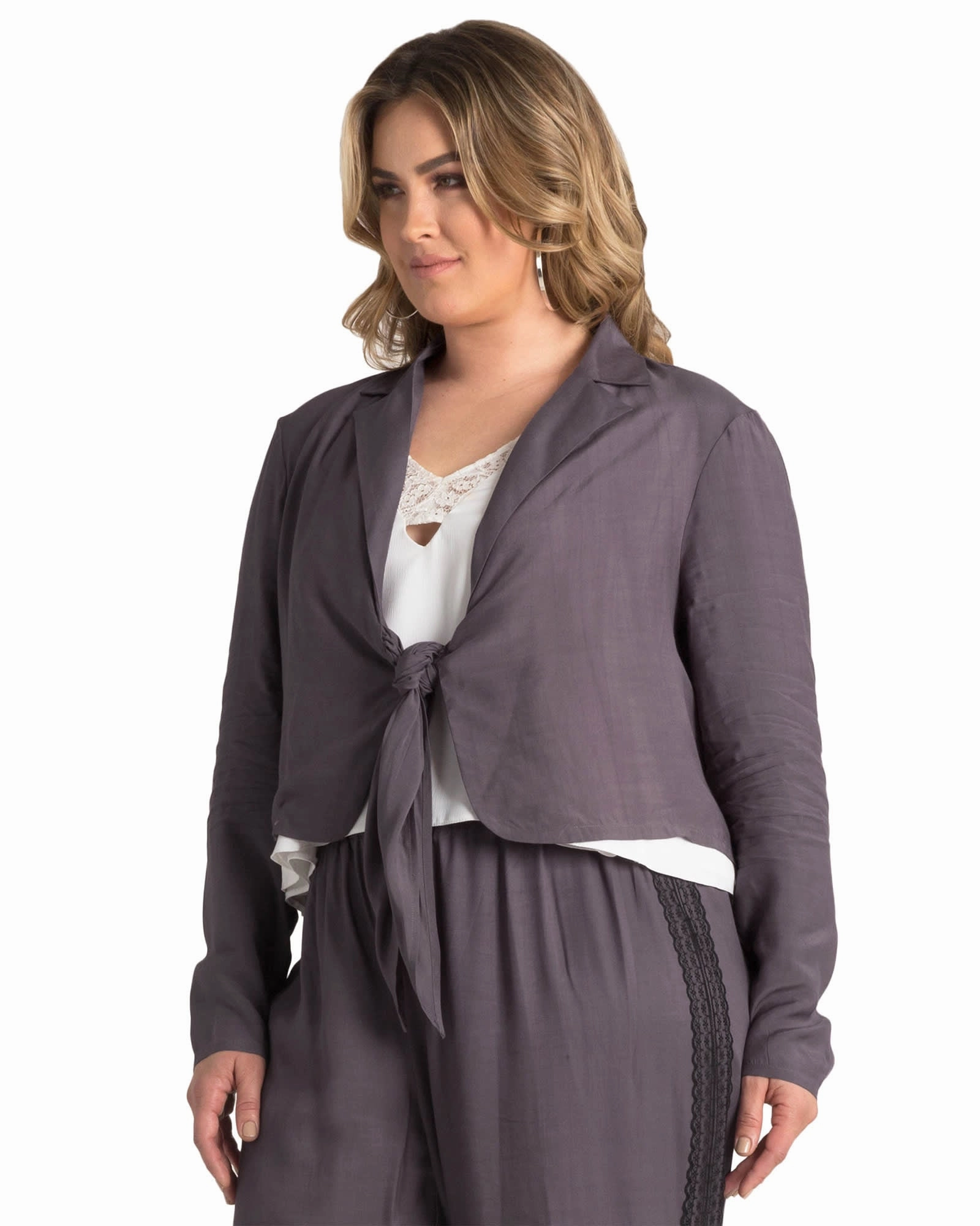 Tear Resistant Panels Zora Tie Front Cropped Blazer | DARKPURPLE