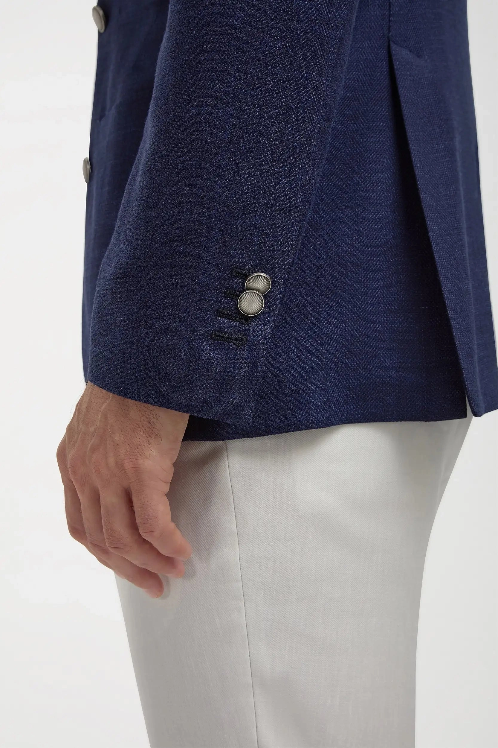 Premium Fit hypoallergenic Blue herringbone double breasted jacket - Made in Italy