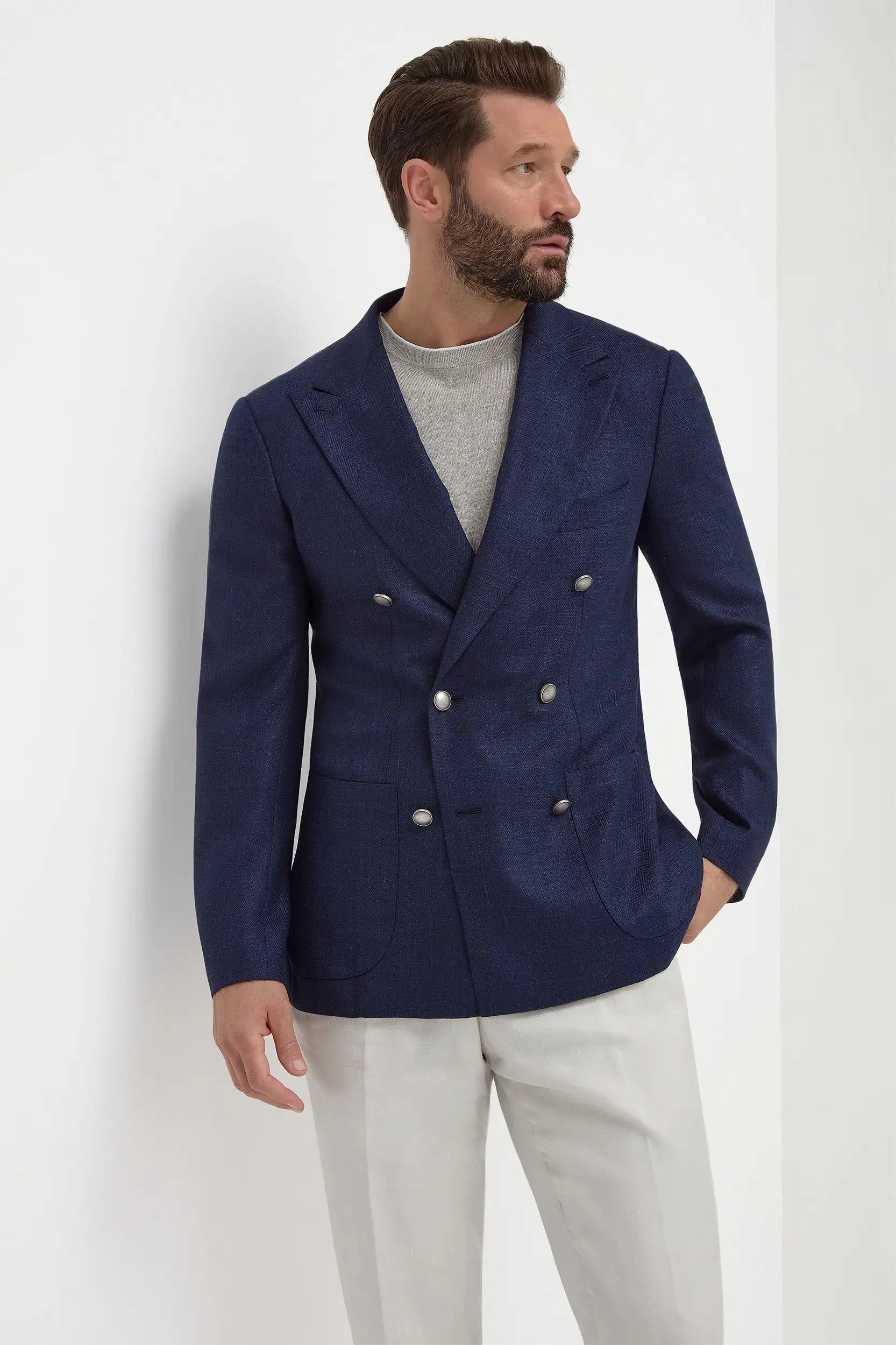Blue herringbone double breasted jacket - Made in Italy Sleek Look LowProfile Seam Design