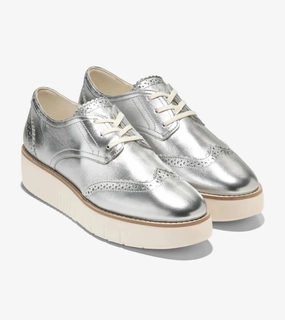 Cole Haan Grand City Oxford Kids Silver Leather Wingtip Platform Shoes ZOGG413 Weekend Outfit Day Run