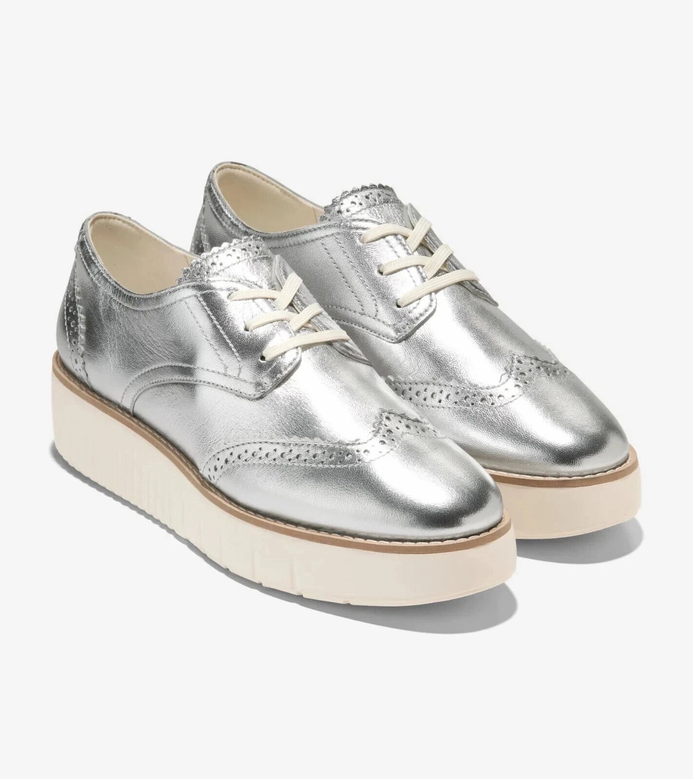 Cole Haan Grand City Oxford Kids Silver Leather Wingtip Platform Shoes ZOGG413 Weekend Outfit Day Run