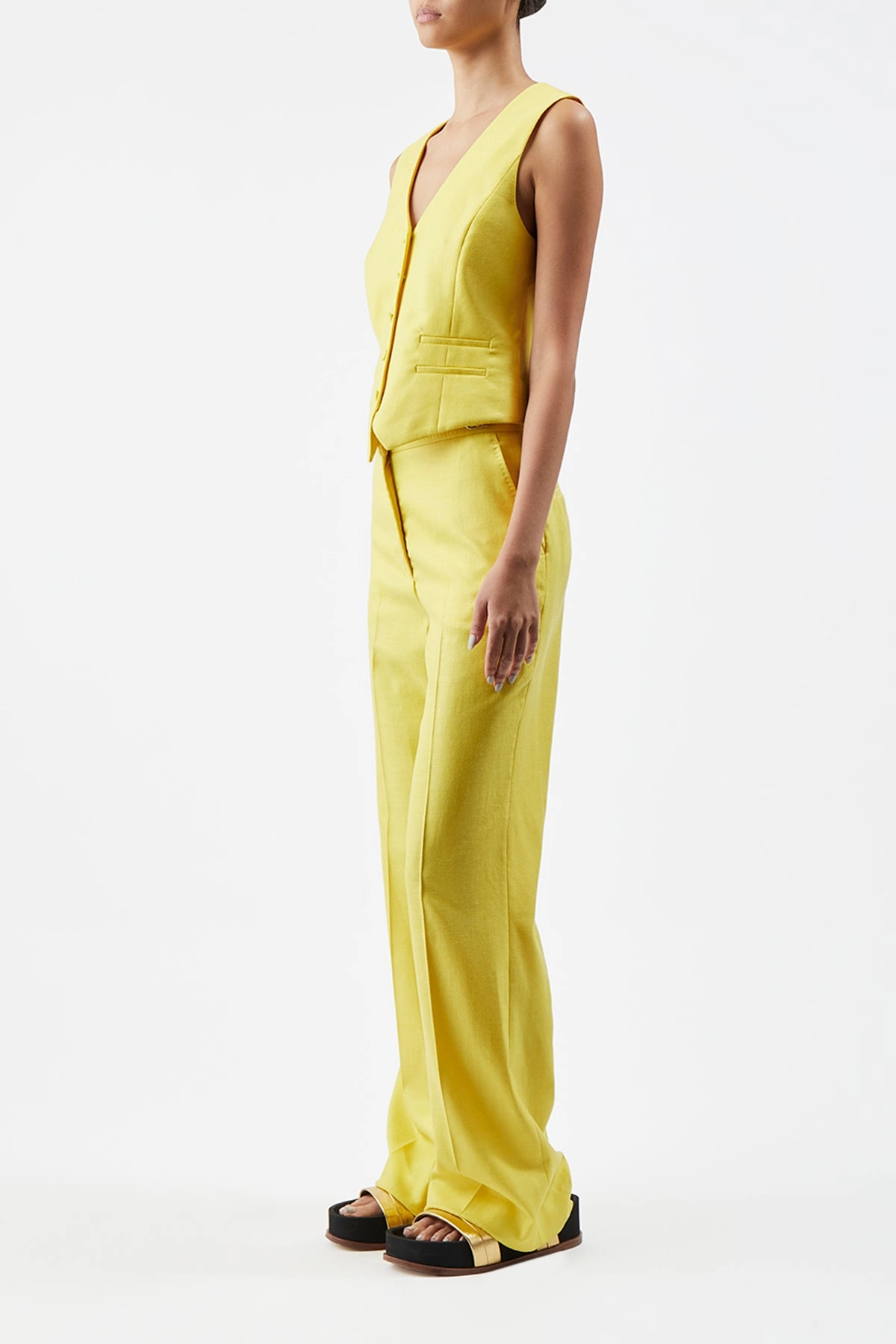 Coleridge Vest in Cadmium Yellow Virgin Wool and Silk Linen Twill Sleek Cut Refined Layer