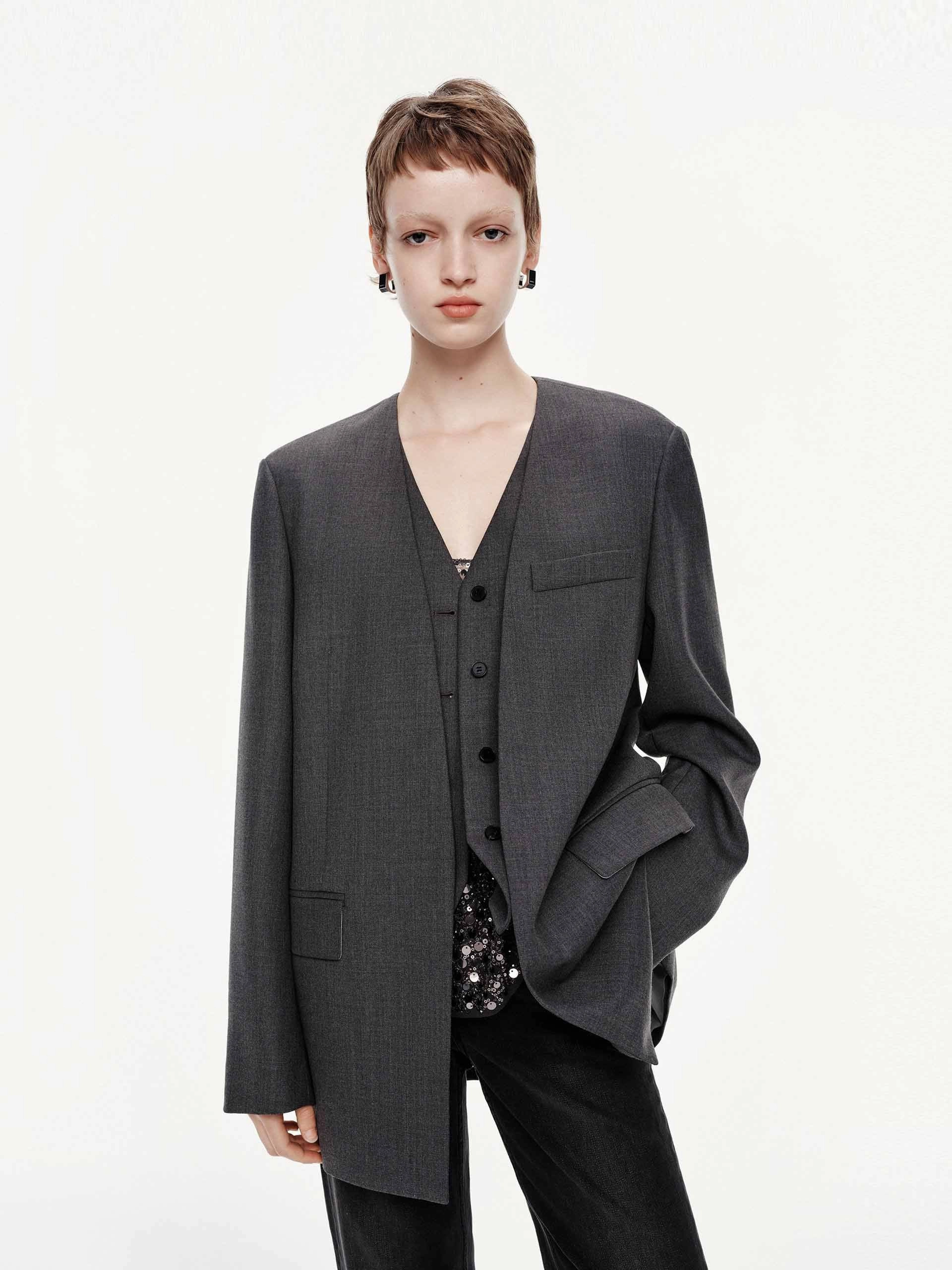 Collarless Layered Blazer Chic Layers