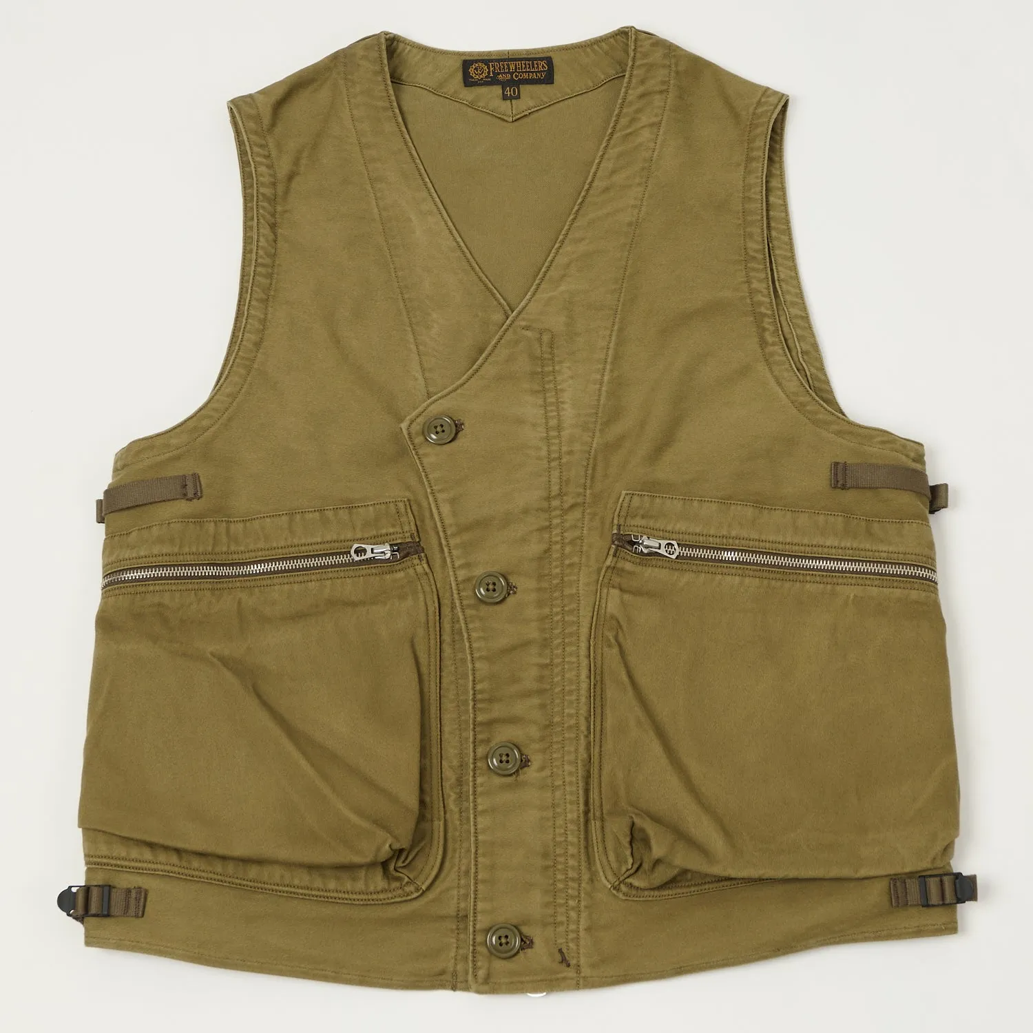 Freewheelers & Co 'Speed Engineer' Sleeveless Coat - Khaki Versatile Layering Weight Non Restrictive Armholes