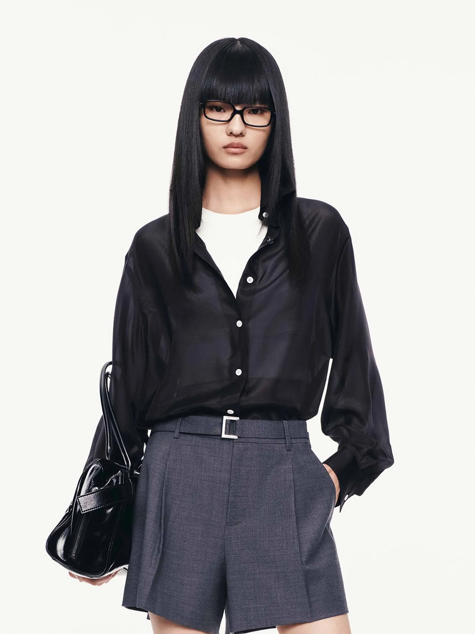 Reinforced Collar Long Sleeves Silk Shirt