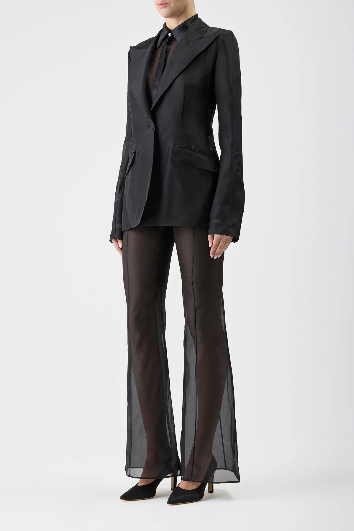 Breathable Underarm Vents Leiva Sheer Blazer in Black Silk Organza
