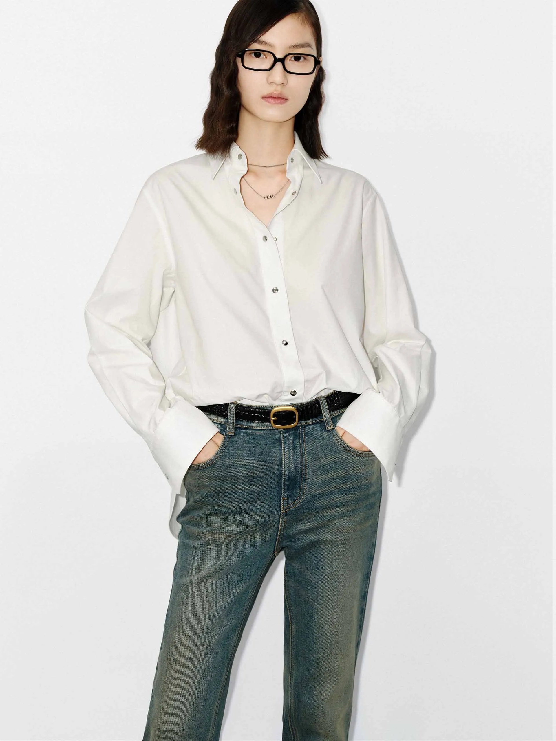 Relaxed Fit Layered Design Snap Button Cotton Shirt