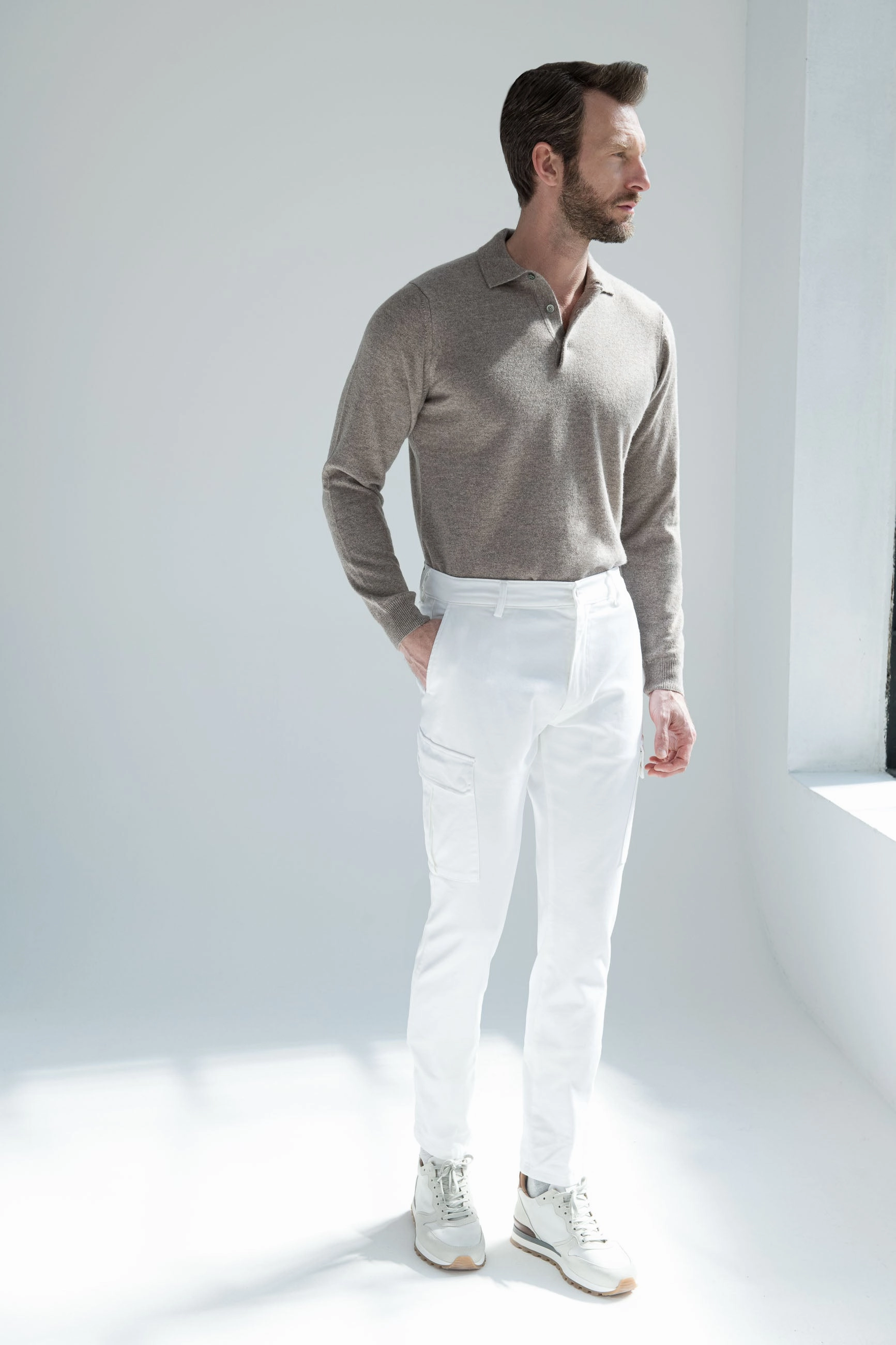 Off-white stretch canvas cargo - Made in Italy Fit Flex EcoFriendlyDye