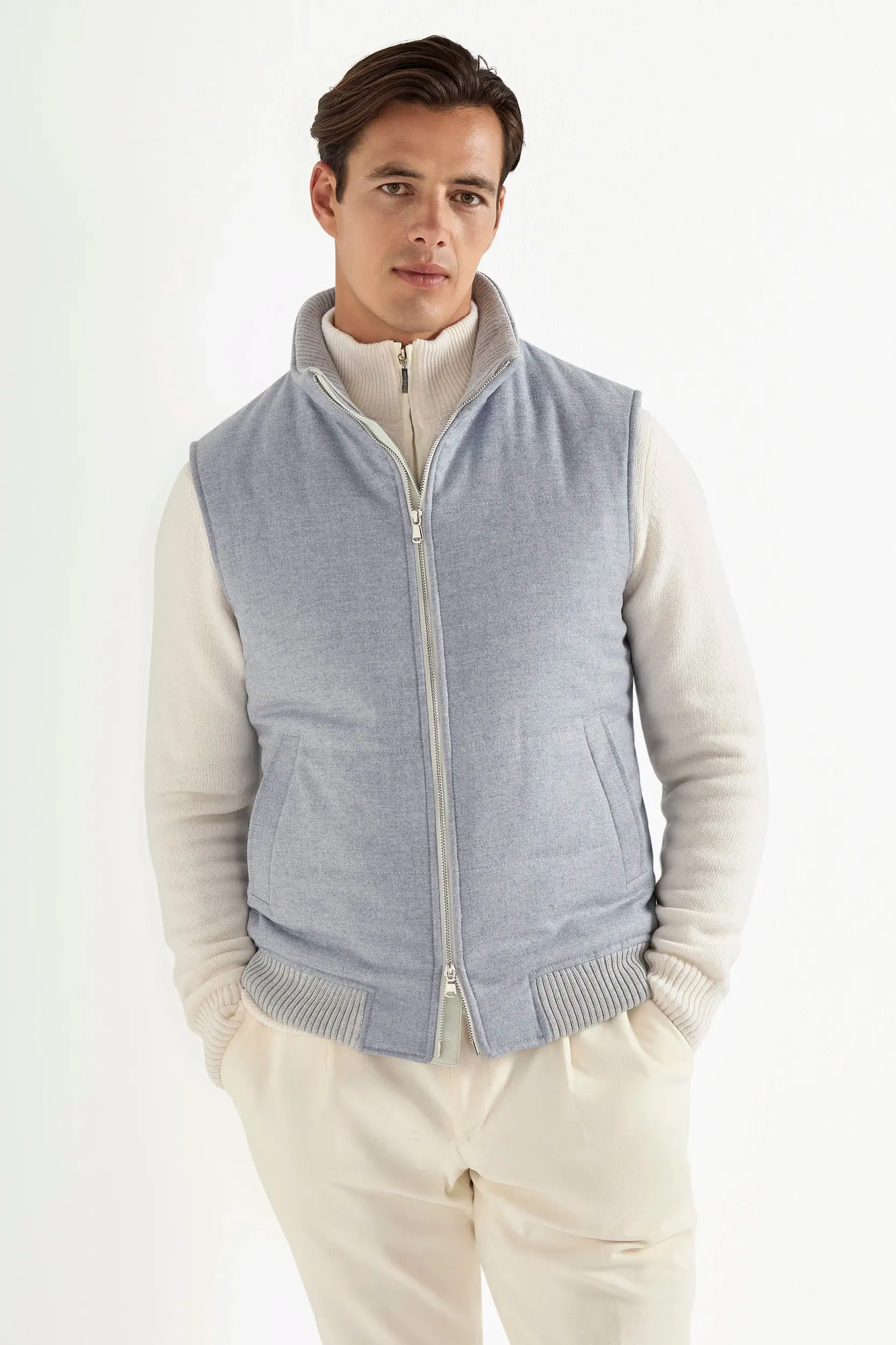 Light blue down vest in wool & cashmere ?C Made in Italy Insulated Warmth Soft Shell