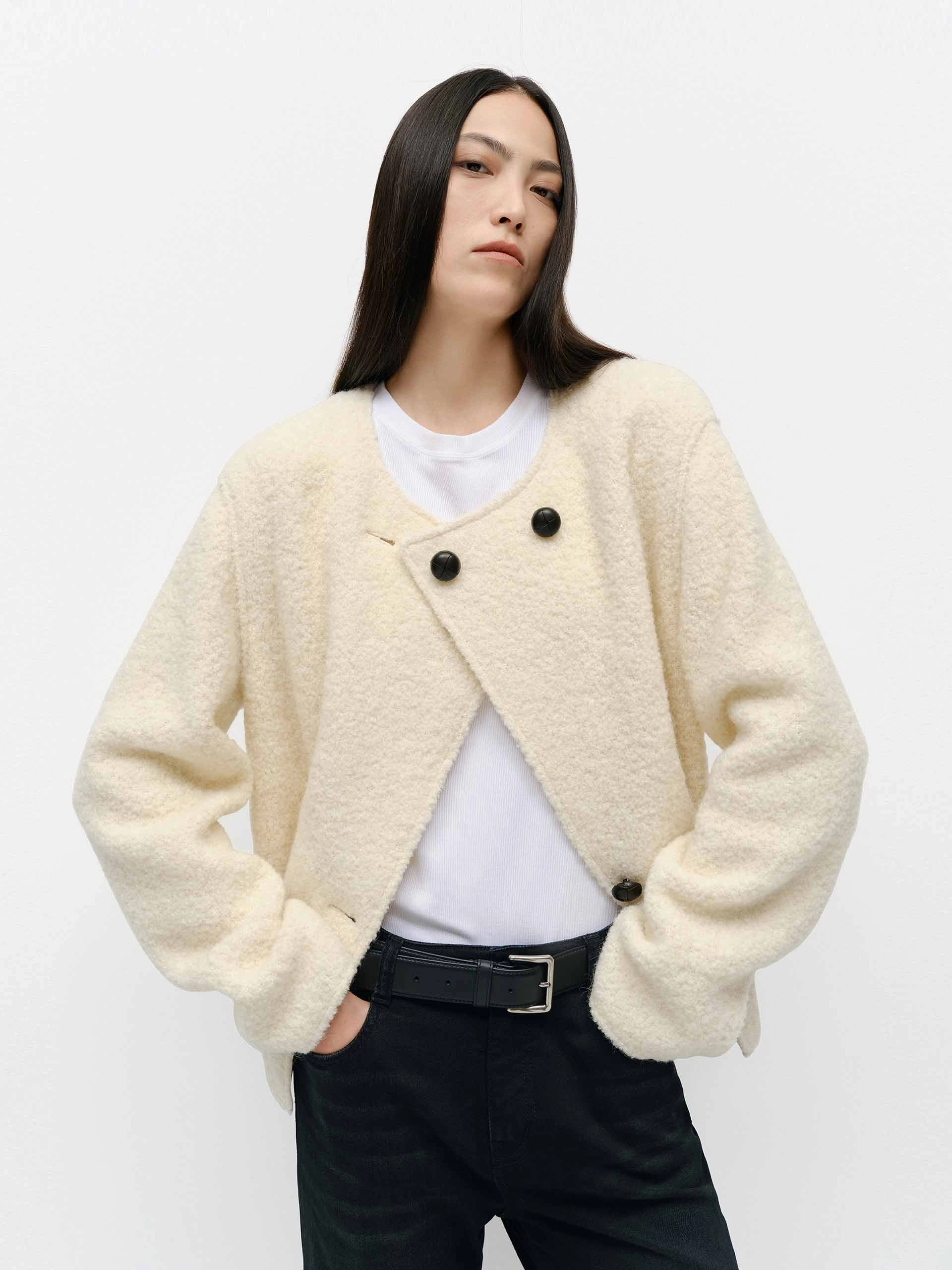 Simple Layers LowProfile Design Collarless Boucle Knit Coat
