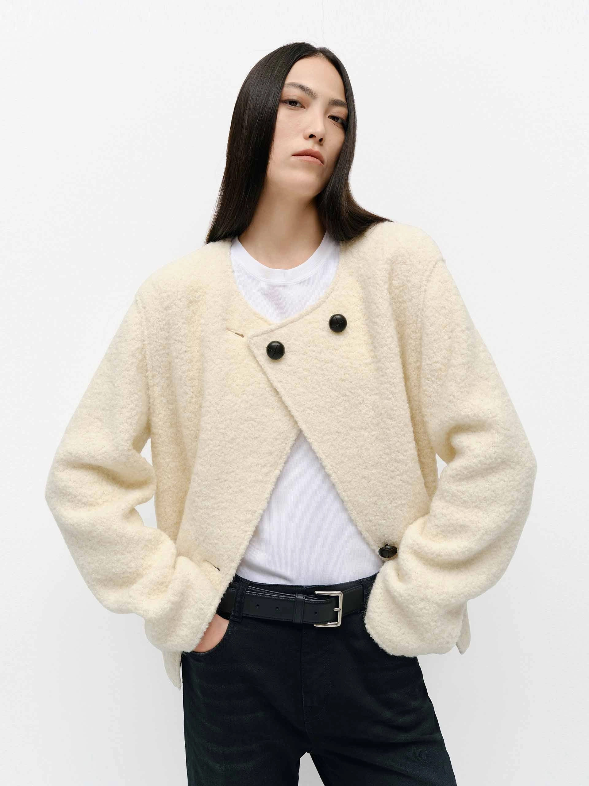 Collarless Boucle Knit Coat Reinforced Zippers