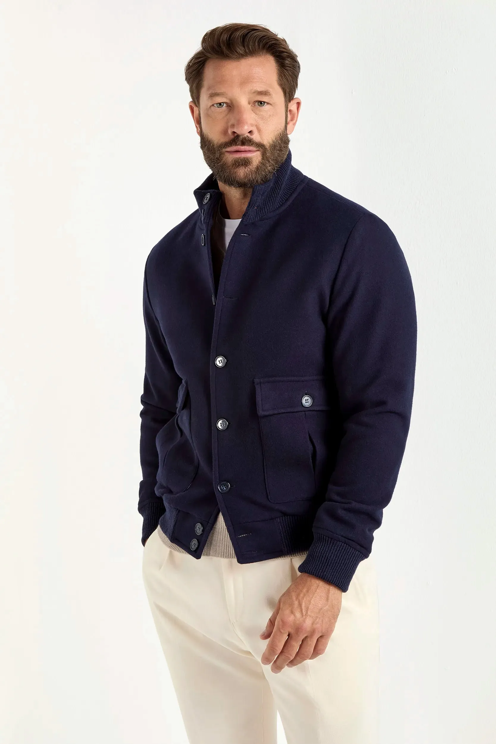 AdjustableDrawcordHem Blue Super 180's wool flannel bomber jacket ?C Made in Italy