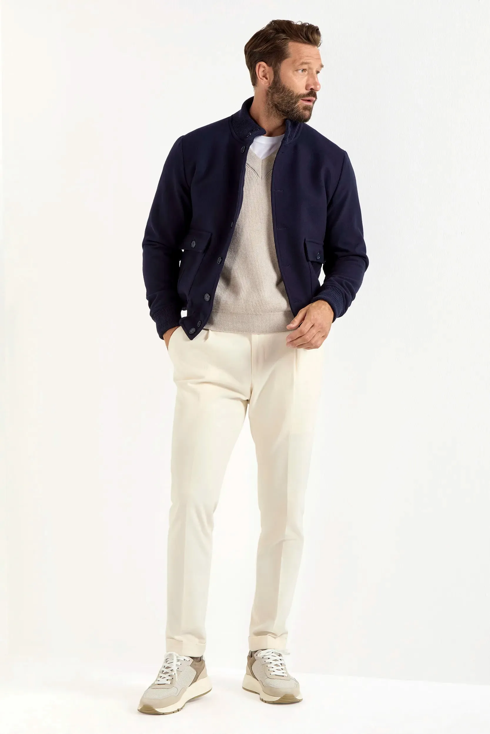 Blue Super 180's wool flannel bomber jacket ?C Made in Italy Detachable Lining Non Restrictive Fit