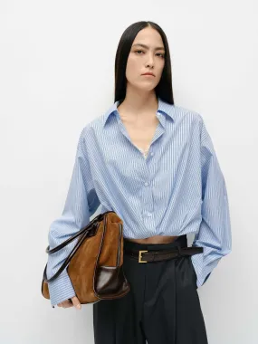 Paneled Cropped Shirt Denim Blend Hidden Button Placket