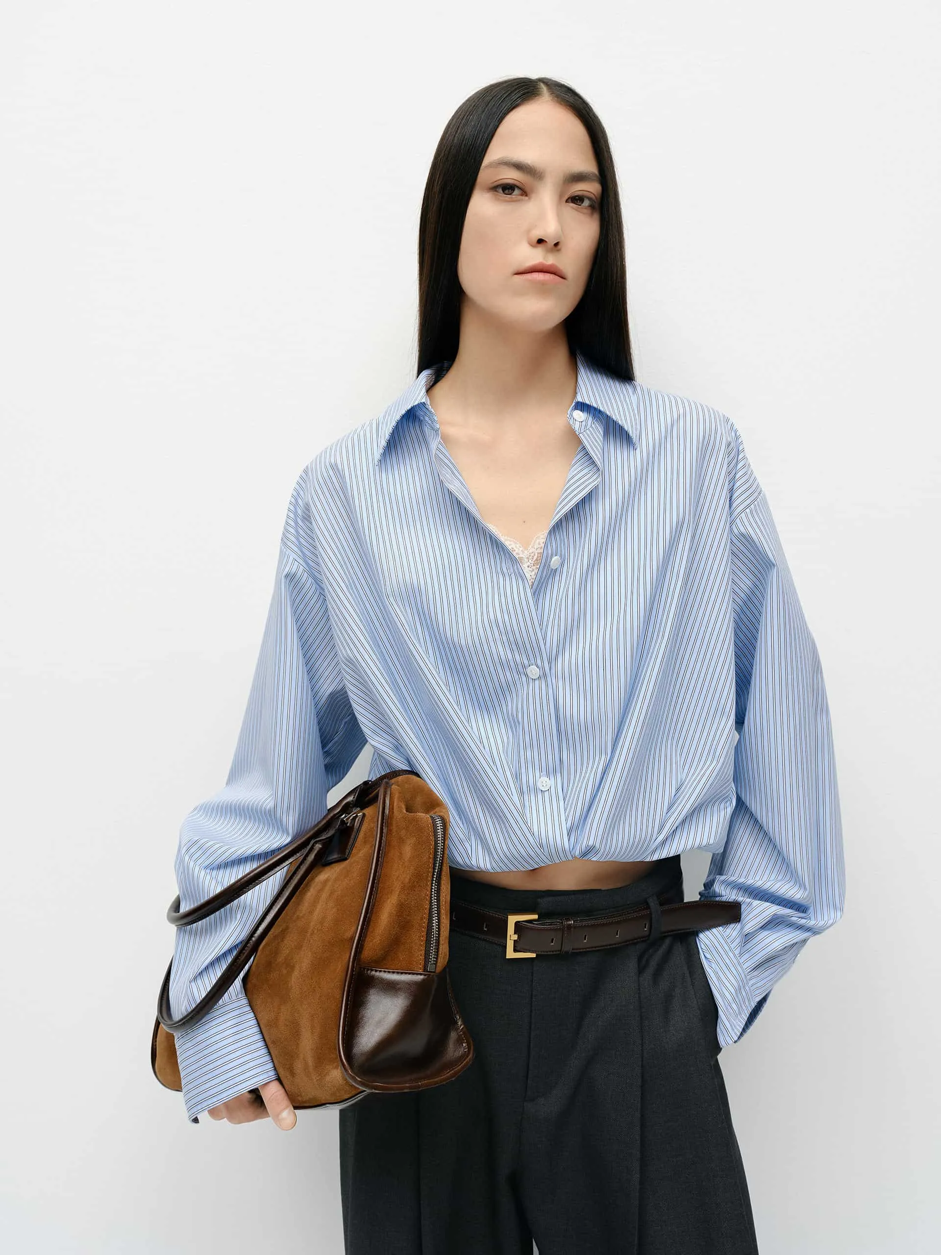 Paneled Cropped Shirt Denim Blend Hidden Button Placket