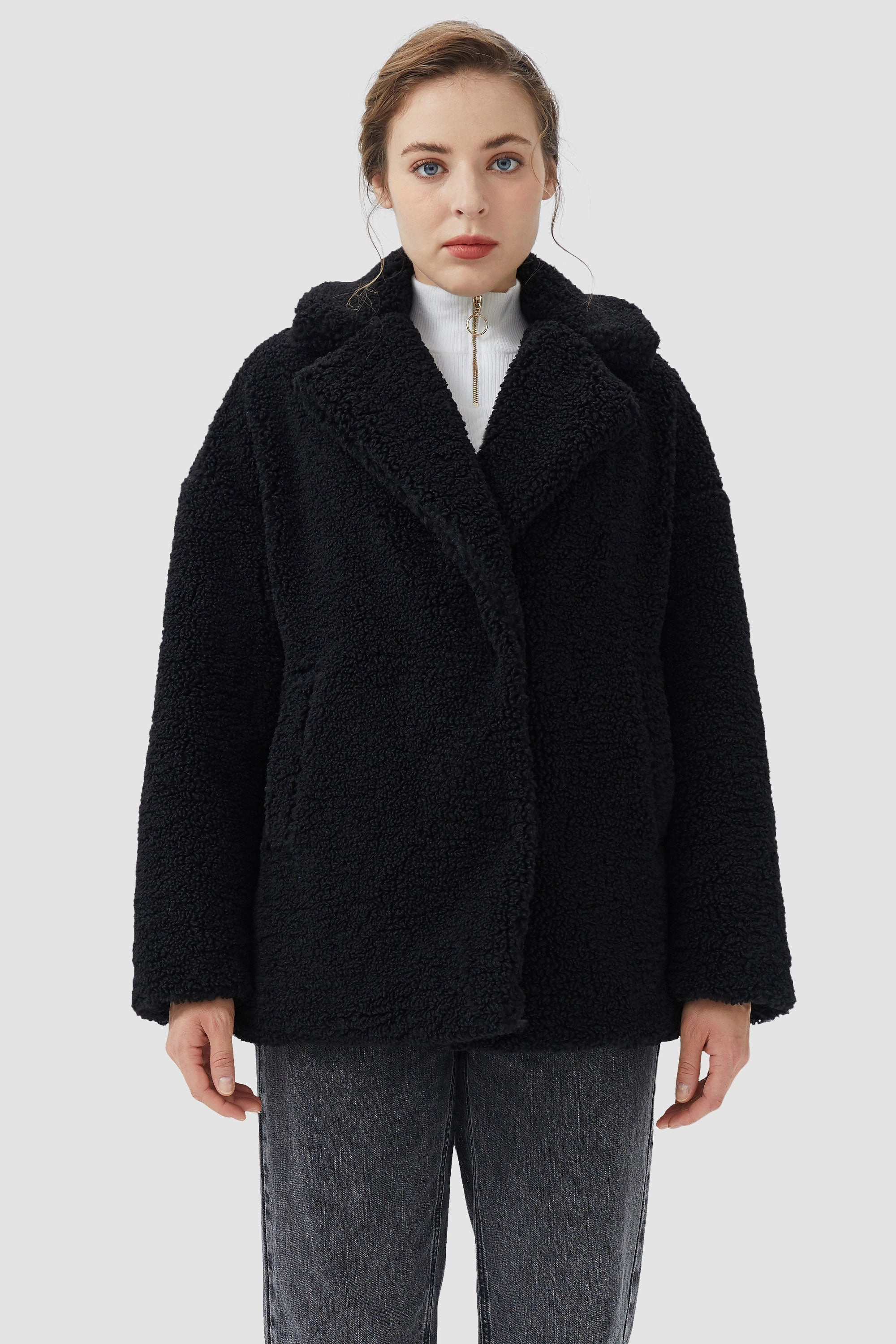 FlexibleHoodDesign Four Way Stretch Fuzzy Fleece Lapel Down Coat