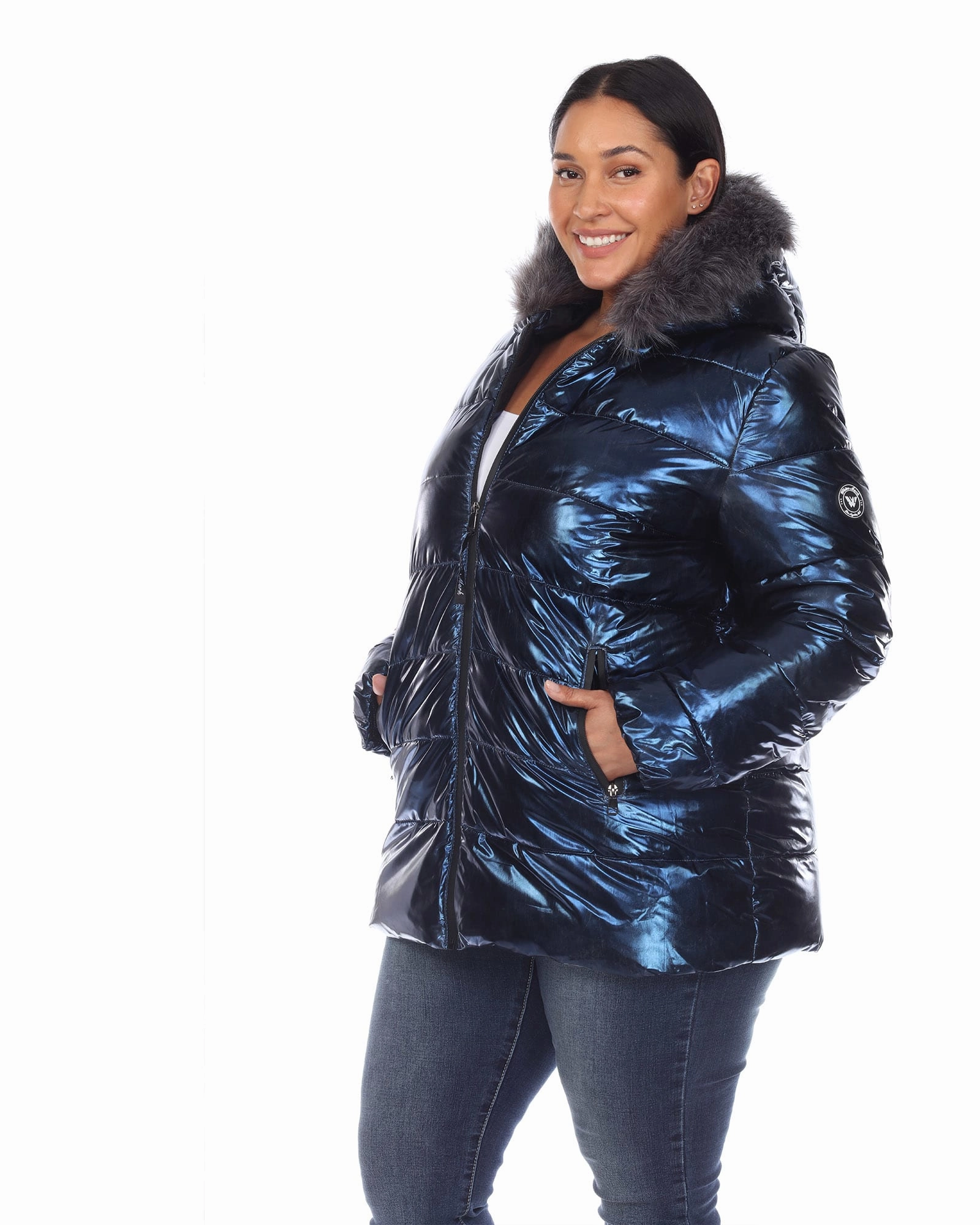 Quilted Panels Approve Metallic Puffer Coat with Hoodie | Navy