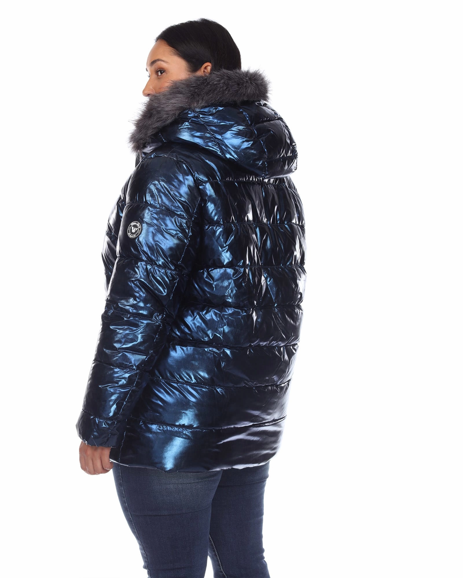 Metallic Puffer Coat with Hoodie | Navy Laser Cut Vents