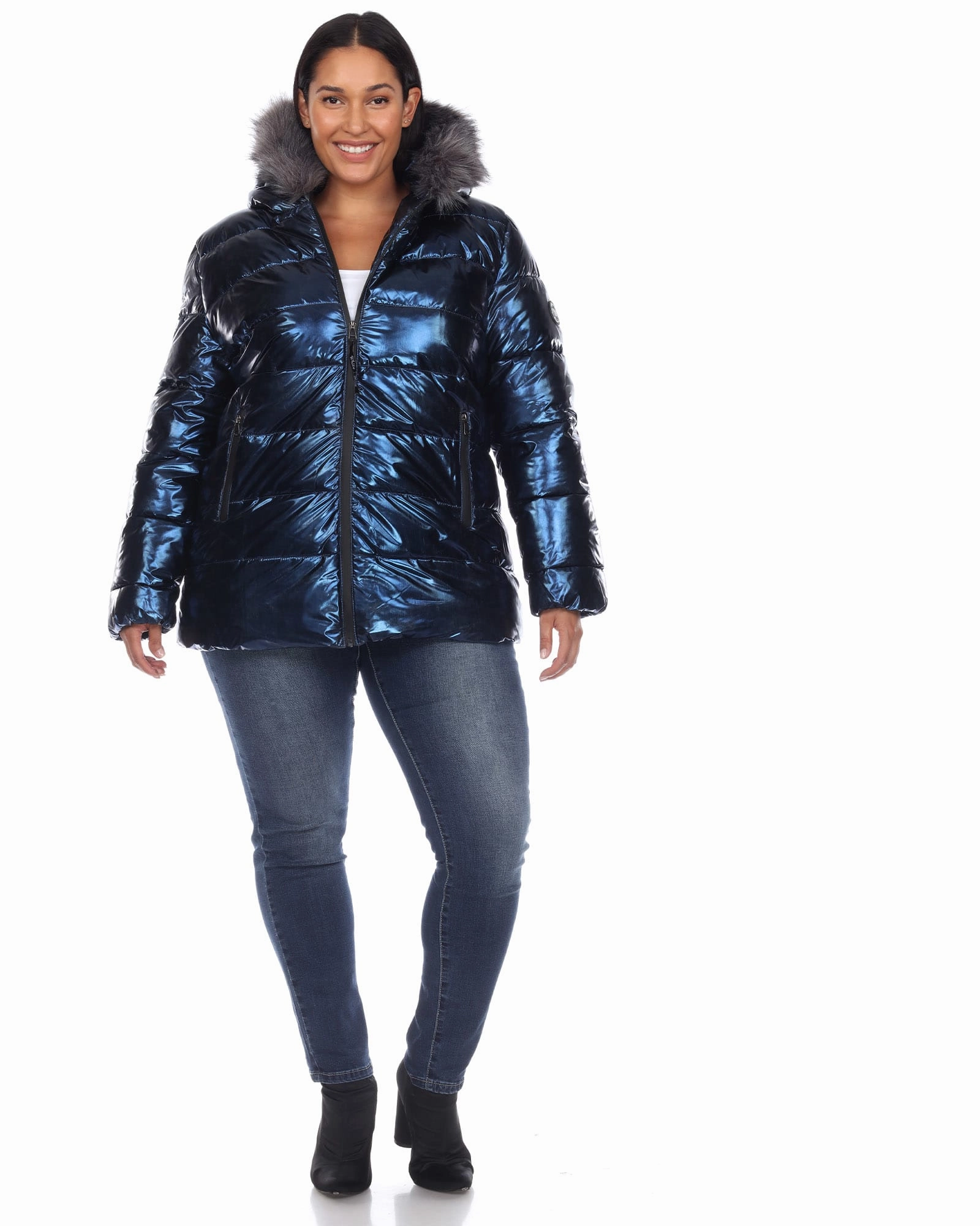 Weather Guard Metallic Puffer Coat with Hoodie | Navy