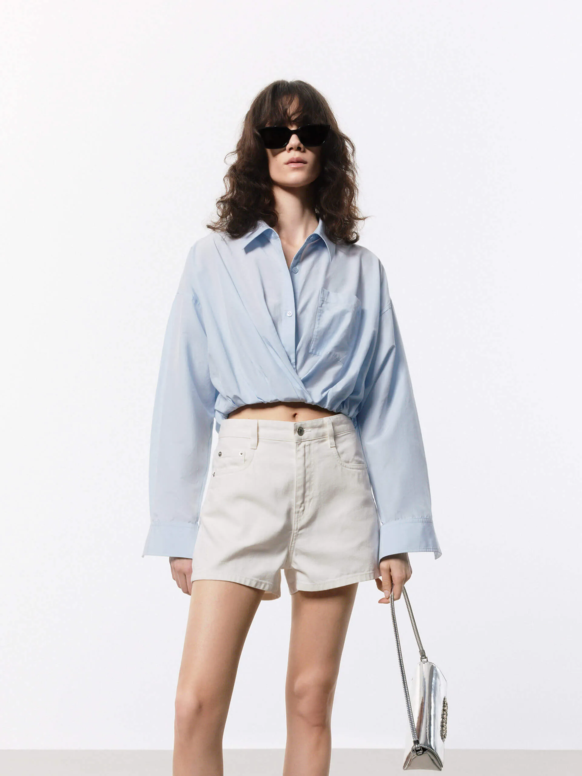Cotton Silk Cropped Shirt Solid Color