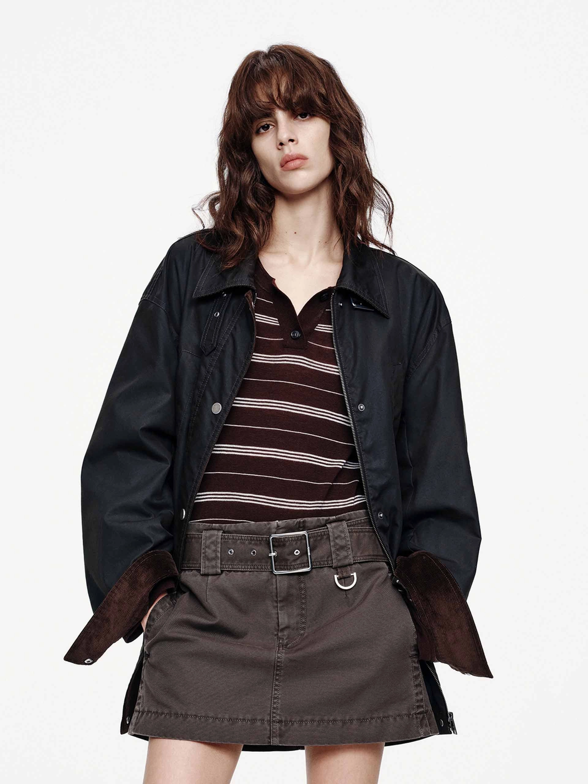 Cotton Blend Loose Coat Mesh Ventilation Panels Neutral Tones Look