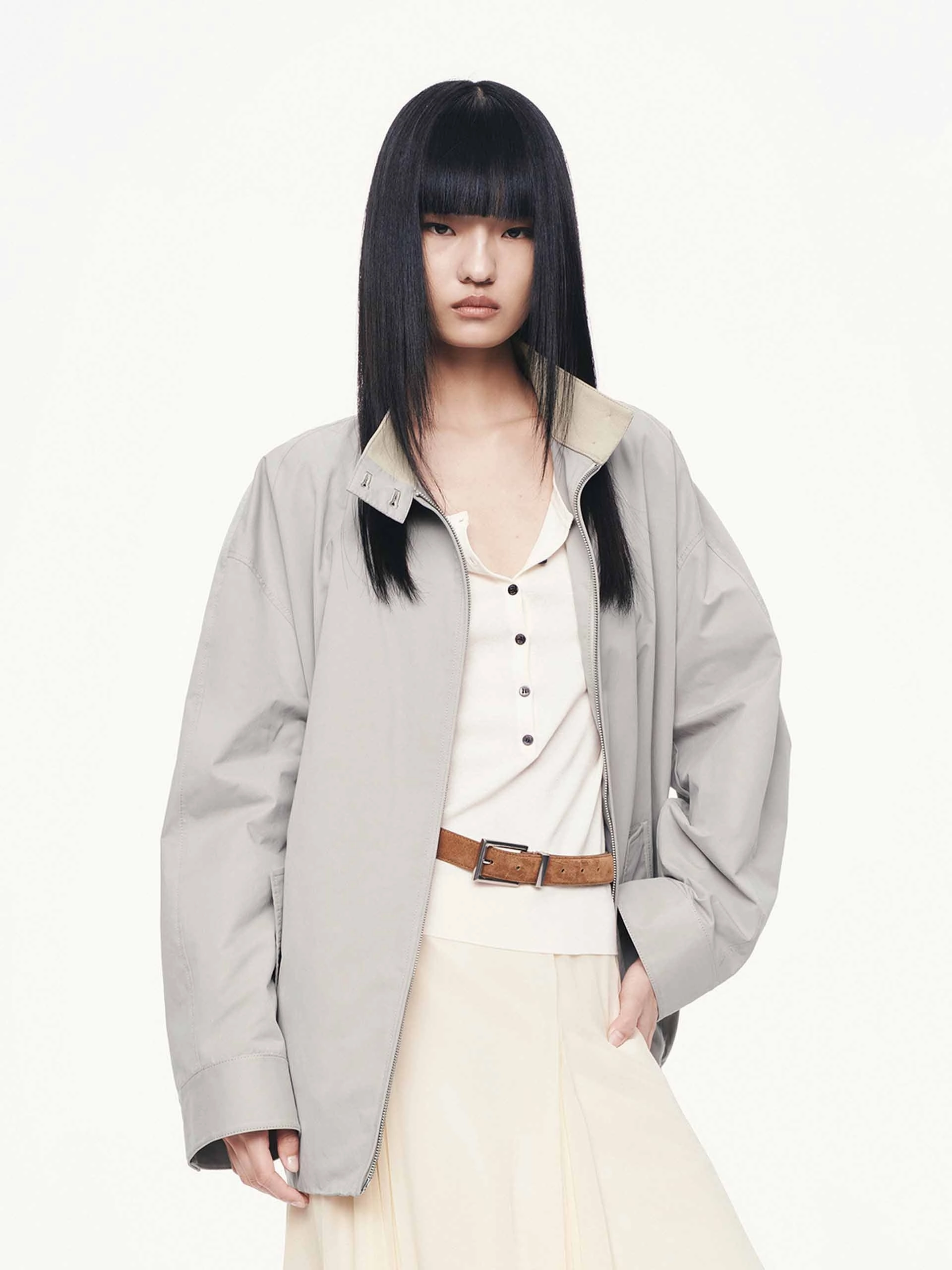 Cotton Blend Zipper Coat Seamless Knit Cuffs