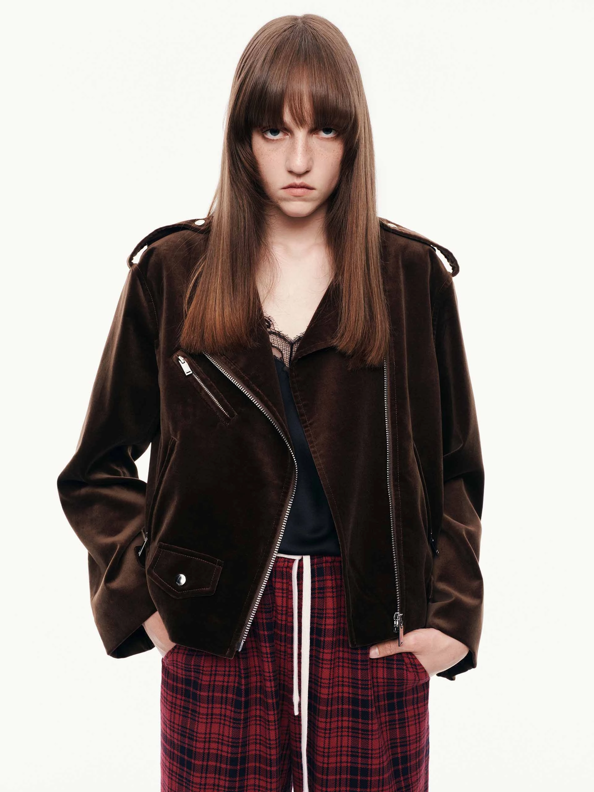 Anti Slip Shoulder Pads Cotton Zipper Biker Jacket