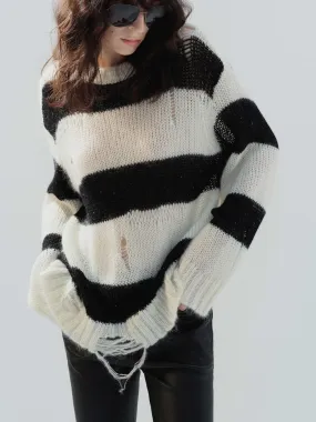 Breathable Fit Design Distressed Detail Striped Sweater