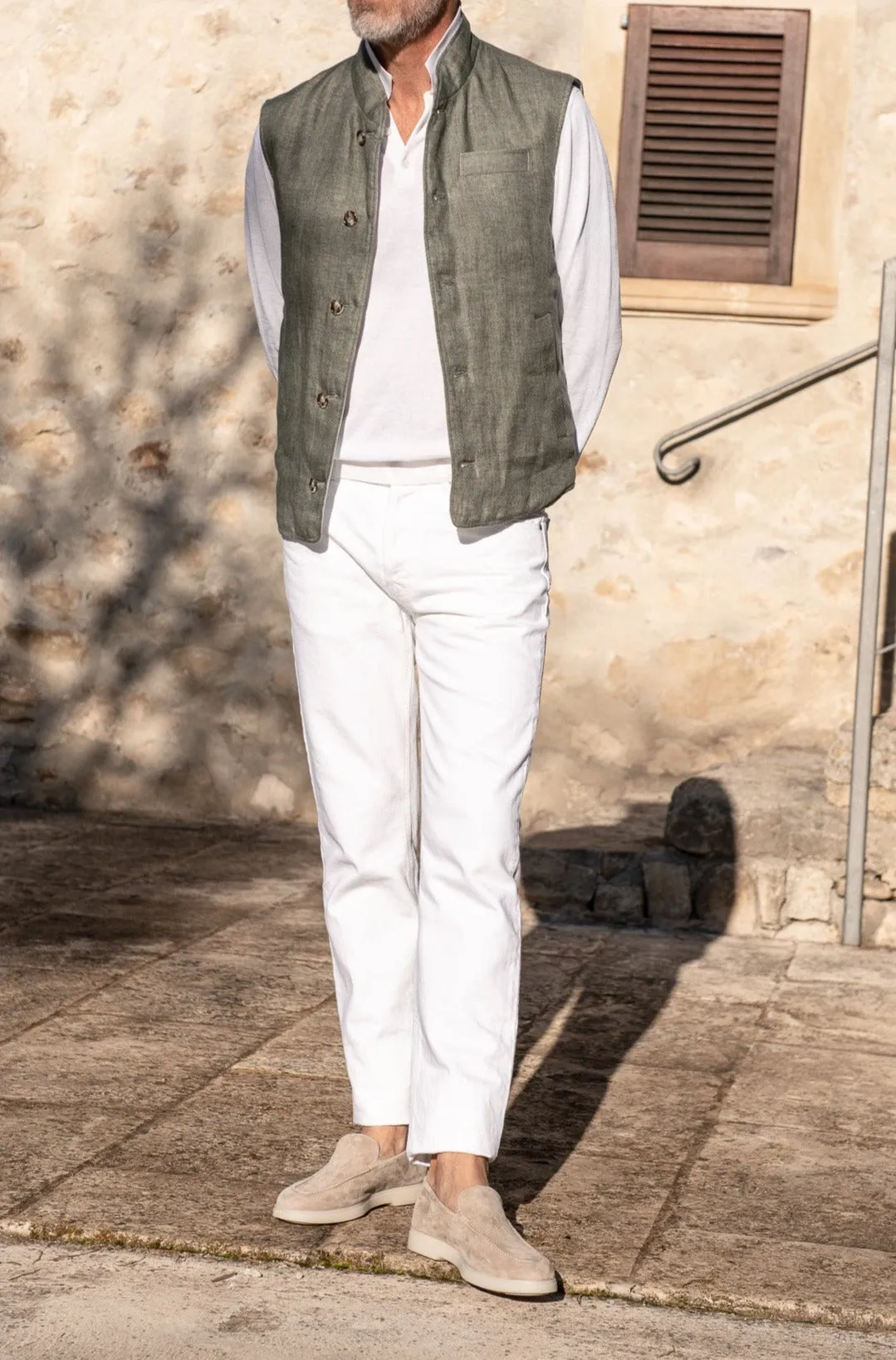 AbrasionResistant Sage linen reversible down vest ?C Made in Italy