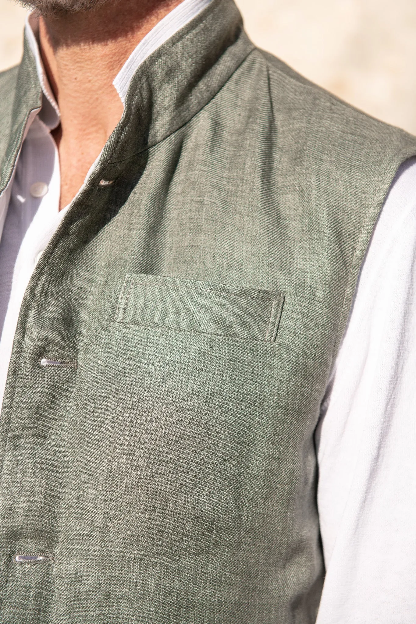 Sage linen reversible down vest ?C Made in Italy Moisture Wicking Finish Reflective Detailing